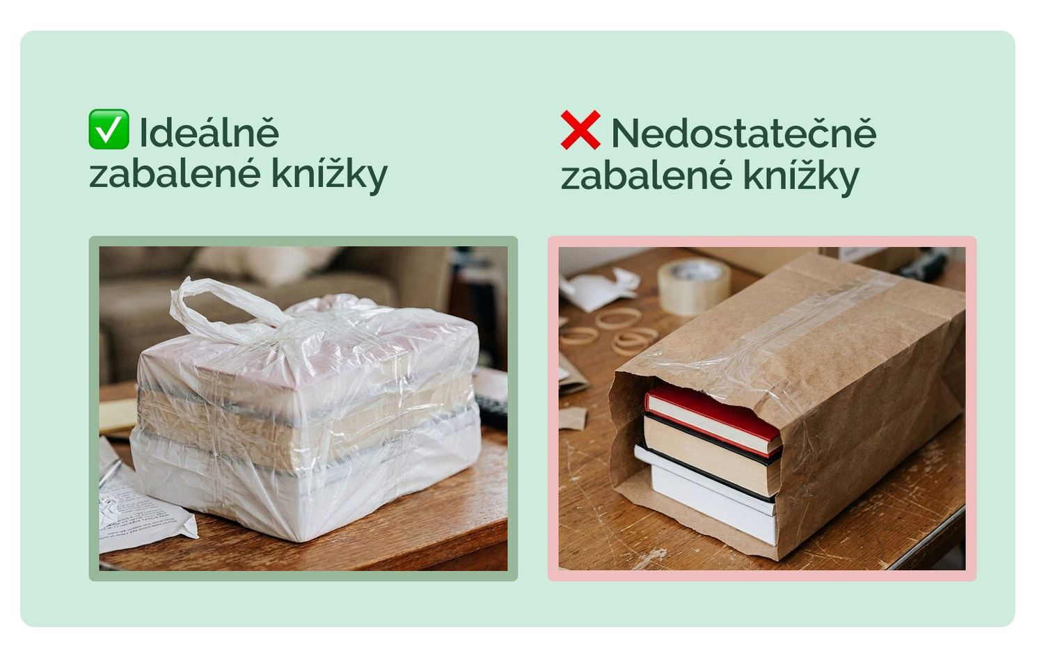 Příklad ideálně a nedostatečně zabalených knih.